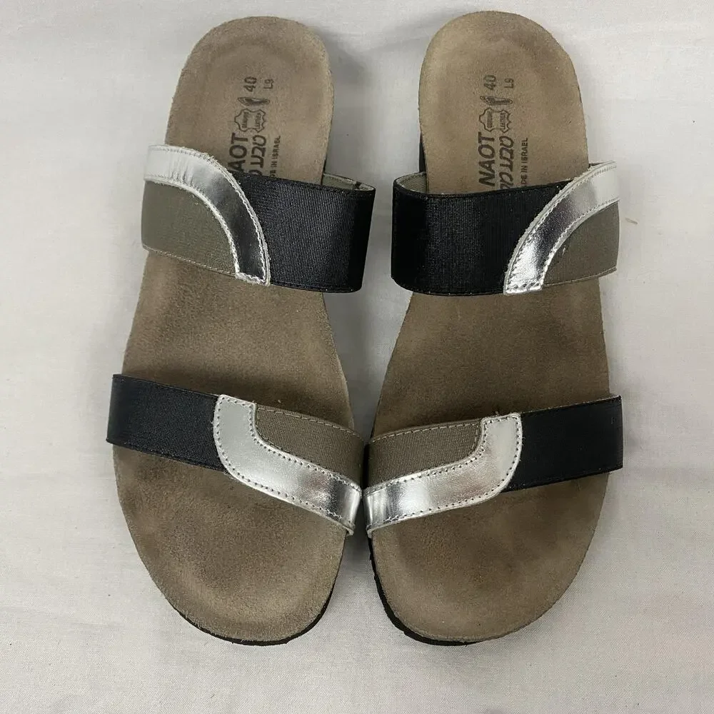 Naot Slide Sandals Womens 9 40 Black Silver Colorblock Leather Comfort Strappy - Picture 4 of 14